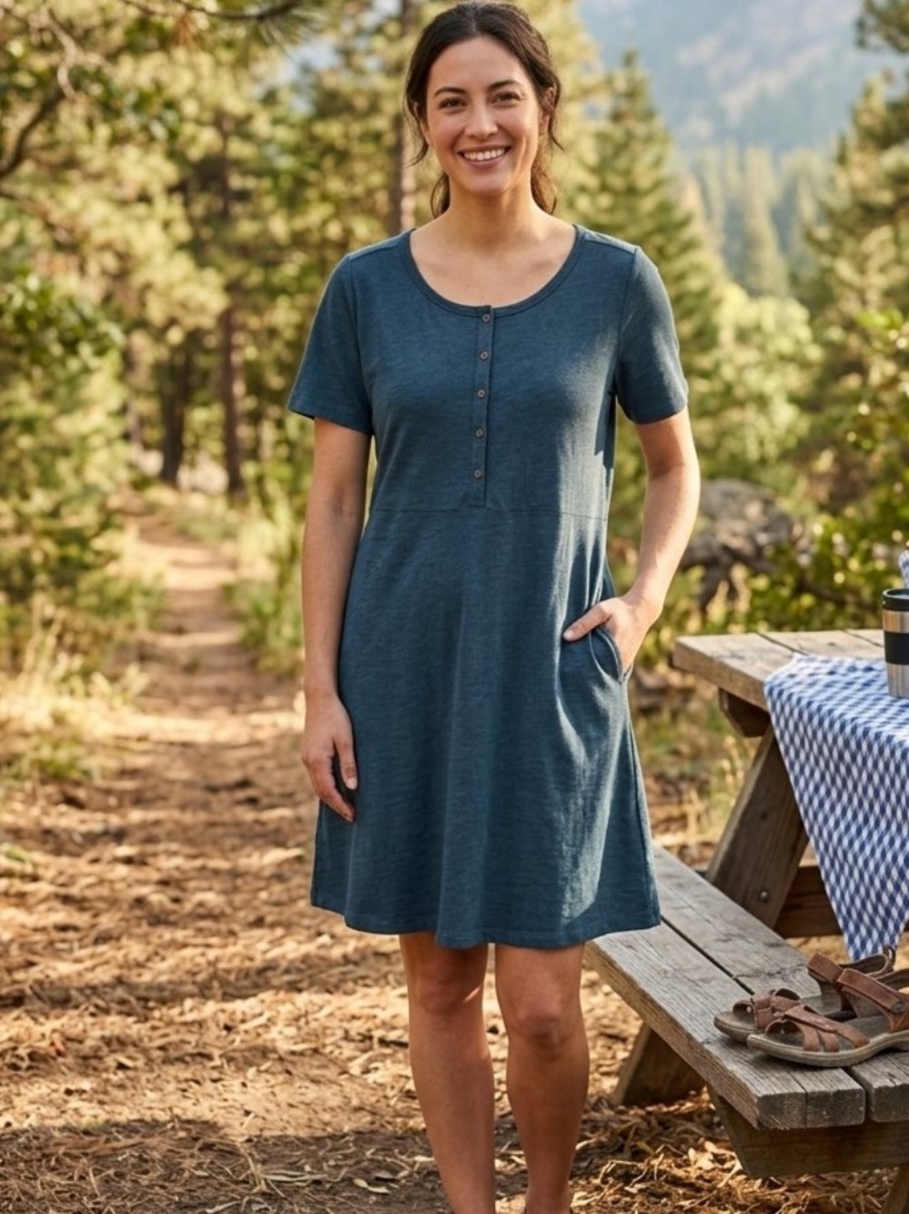 Toad & Co Title Nine Instantaneous Dress Henley Pockets in Blue Size L Large